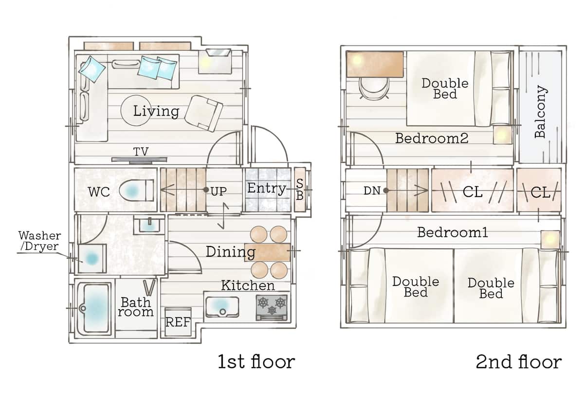 Floor plan: 1st floor living, dining, kitchen, bathroom; 2nd floor two bedrooms with three double beds and balcony